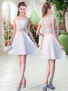 Customized Lace Prom Dresses White Zipper Sleeveless Mini Length