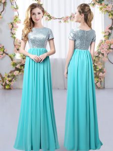 Aqua Blue Dama Dress for Quinceanera Prom and Party and Wedding Party with Sequins Scoop Short Sleeves Zipper