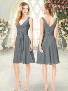 Grey Evening Dress Prom and Party with Ruching V-neck Sleeveless Zipper