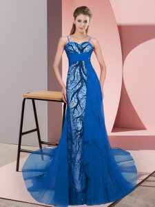 Blue Dress for Prom Spaghetti Straps Sleeveless Sweep Train Zipper