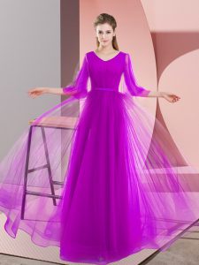 Purple Lace Up V-neck Beading Homecoming Dress Tulle Long Sleeves