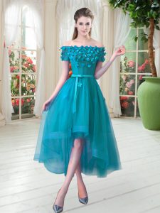 Sophisticated Teal Lace Up Off The Shoulder Appliques Tulle Short Sleeves