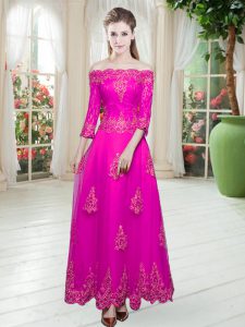 Affordable A-line Dress for Prom Fuchsia Off The Shoulder Tulle 3 4 Length Sleeve Ankle Length Lace Up