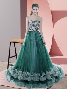 Simple Lace Up Prom Party Dress Dark Green for Prom and Party and Military Ball with Beading Sweep Train