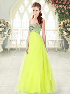Comfortable Yellow Green Tulle Lace Up Sweetheart Sleeveless Floor Length Prom Dress Beading