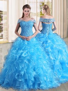 Edgy Baby Blue Sweet 16 Dress Off The Shoulder Sleeveless Sweep Train Lace Up