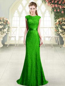 Cap Sleeves Sweep Train Backless Dress for Prom in Green with Beading and Lace
