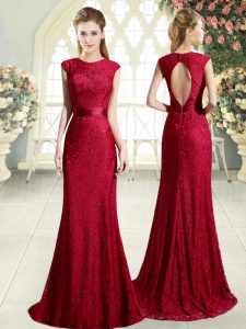 Suitable Red Backless Prom Party Dress Sleeveless Sweep Train Lace