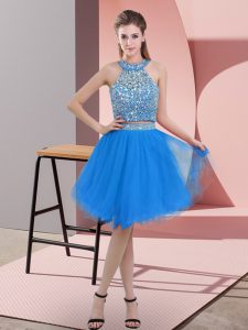 Best Selling Blue Halter Top Neckline Beading Evening Dress Sleeveless Backless