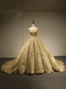 Wonderful Gold Sleeveless Brush Train Lace Up Sweet 16 Quinceanera Dress for Military Ball and Sweet 16 and Quinceanera