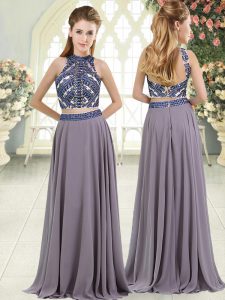 Designer Sleeveless Chiffon Floor Length Backless Prom Dresses in Grey with Beading