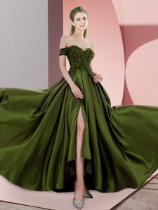 Sleeveless Elastic Woven Satin Sweep Train Backless Evening Dress in Olive Green with Beading
