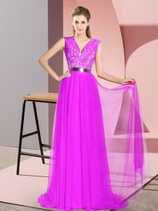Affordable Purple Zipper V-neck Beading and Lace Prom Gown Sleeveless Sweep Train