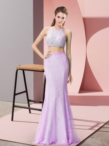 Edgy Lilac Two Pieces Beading and Lace Prom Dress Backless Lace Sleeveless Floor Length