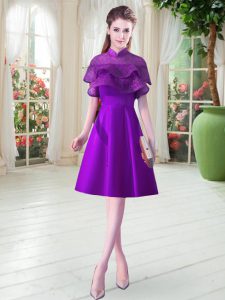 Custom Designed Eggplant Purple Satin Lace Up Evening Dress Cap Sleeves Knee Length Ruffled Layers