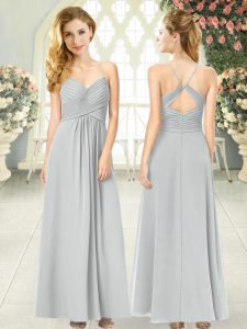 Simple Grey Empire Chiffon Spaghetti Straps Sleeveless Ruching Ankle Length Criss Cross Prom Party Dress