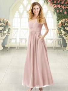 Free and Easy Pink Criss Cross Prom Gown Ruching Sleeveless Ankle Length