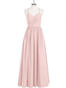Simple Sleeveless Chiffon Floor Length Criss Cross Homecoming Dress in Pink with Ruching