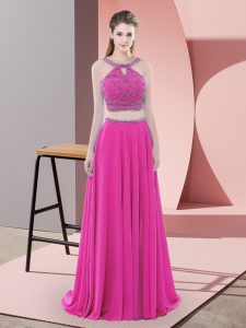 Straps Sleeveless Evening Dress Sweep Train Beading Fuchsia Chiffon