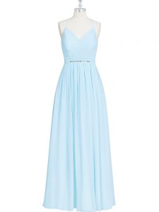 Sleeveless Floor Length Ruching and Pleated Zipper Evening Dress with Light Blue