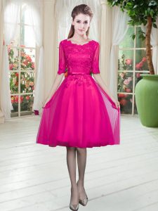 Fantastic Scoop Half Sleeves Lace Up Dress for Prom Fuchsia Tulle
