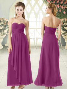 Customized Purple Sleeveless Ankle Length Ruching Zipper Homecoming Dress