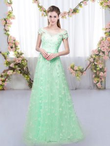 Perfect Tulle Off The Shoulder Cap Sleeves Lace Up Appliques Vestidos de Damas in Apple Green