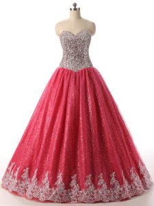 Custom Made Coral Red Sweetheart Lace Up Beading and Appliques Ball Gown Prom Dress Sleeveless