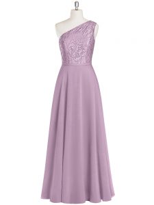 Glamorous Purple Column/Sheath Chiffon One Shoulder Sleeveless Lace Floor Length Zipper Dress for Prom