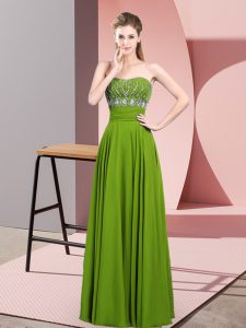 Beauteous Sleeveless Floor Length Beading Zipper Evening Dress with Green