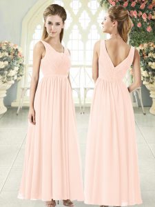 Pink Zipper V-neck Ruching Prom Dress Chiffon Sleeveless