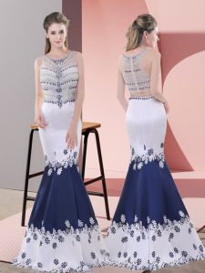 Hot Selling Embroidery Prom Dresses Blue And White Zipper Sleeveless Floor Length