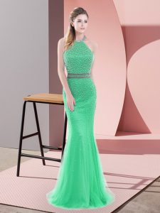 Chic Green Halter Top Backless Beading Sweep Train Sleeveless