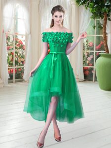 Tulle Short Sleeves High Low Prom Party Dress and Appliques