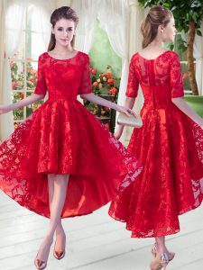 Red Zipper Dress for Prom Half Sleeves High Low Lace
