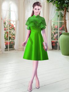 Green Lace Up High-neck Ruffled Layers Prom Dresses Satin Cap Sleeves