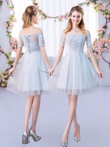 Grey A-line Off The Shoulder Short Sleeves Tulle Mini Length Lace Up Lace Court Dresses for Sweet 16