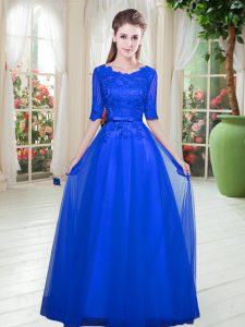 Lace Prom Dress Royal Blue Lace Up Half Sleeves Floor Length
