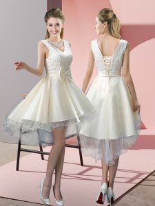V-neck Sleeveless High Low Lace and Bowknot White Tulle