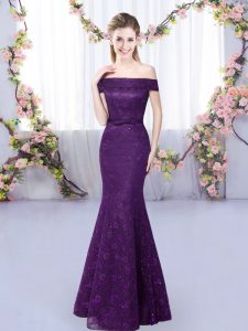 Purple Mermaid Off The Shoulder Sleeveless Lace Floor Length Lace Up Dama Dress