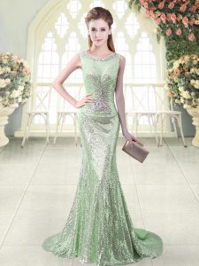 Modern Apple Green Zipper Scoop Beading Homecoming Dress Sequined Sleeveless Brush Train