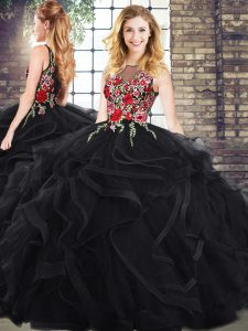 Dynamic Black Ball Gowns Scoop Sleeveless Embroidery and Ruffles Zipper Quinceanera Dresses