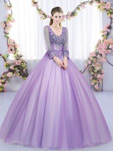 Custom Designed Tulle V-neck Long Sleeves Zipper Lace and Appliques Sweet 16 Quinceanera Dress in Lavender
