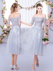 Custom Designed Tulle Half Sleeves Tea Length Court Dresses for Sweet 16 and Lace