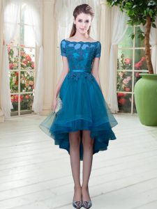 Gorgeous Teal Tulle Lace Up Prom Party Dress Short Sleeves High Low Appliques