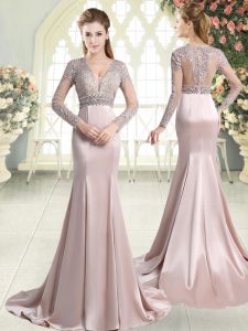 Glittering Mermaid Long Sleeves Pink Evening Dress Sweep Train Zipper