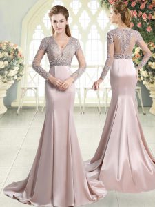 Glittering Mermaid Long Sleeves Pink Evening Dress Sweep Train Zipper