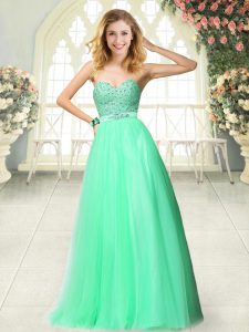 Latest Sleeveless Tulle Floor Length Zipper Prom Evening Gown in Apple Green with Beading