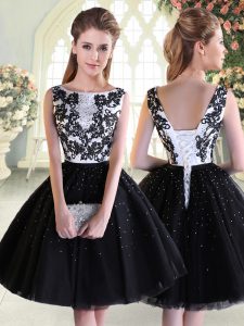 Black Lace Up Scoop Beading and Lace Prom Party Dress Tulle Sleeveless