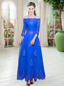 3 4 Length Sleeve Tulle Floor Length Lace Up in Royal Blue with Lace